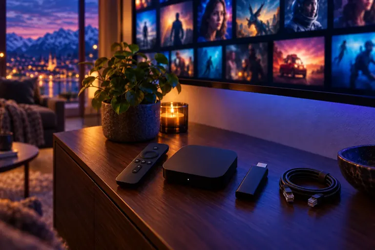 Petit boîtier multimédia noir, sa télécommande, une clé HDMI et un câble Ethernet posés sous un téléviseur