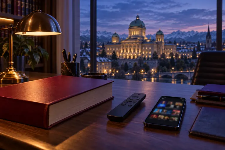 Un code de loi rouge et une lampe de bureau à côté d'une télécommande et d'un smartphone, le Palais fédéral à Berne au crépuscule en arrière-plan