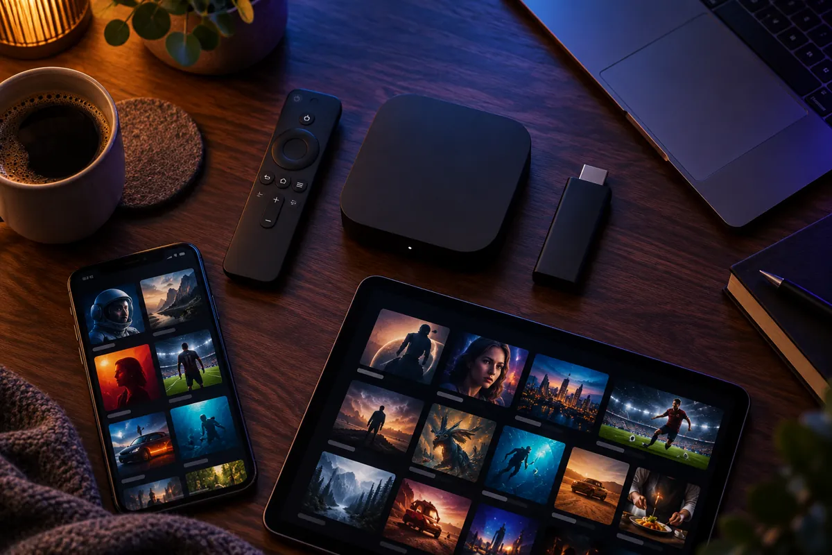 Télécommande, clé de streaming, box Android, smartphone et tablette affichant une application IPTV